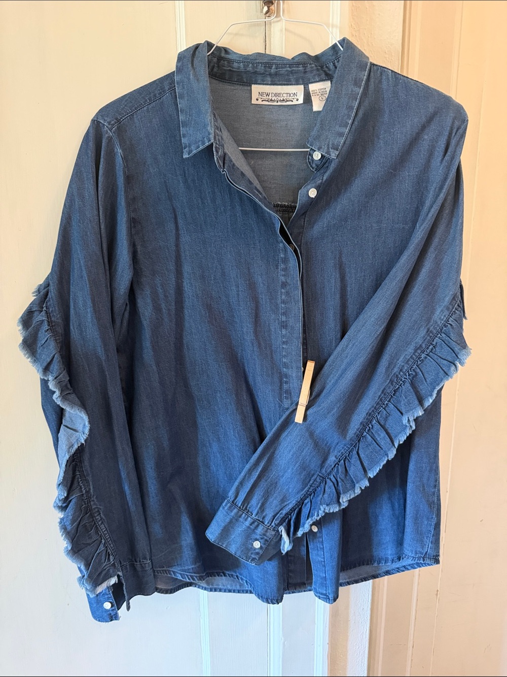 new directions Blue Denim Ruffle-Sleeve Button-Down Shirt